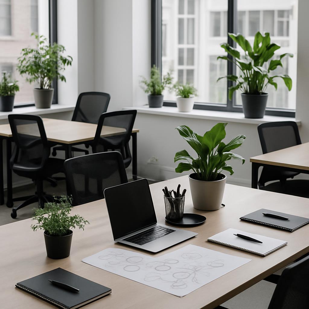 A modern, well-lit office scene with a central desk featuring a laptop, plant, sketchbook, and stationery, with other desk...